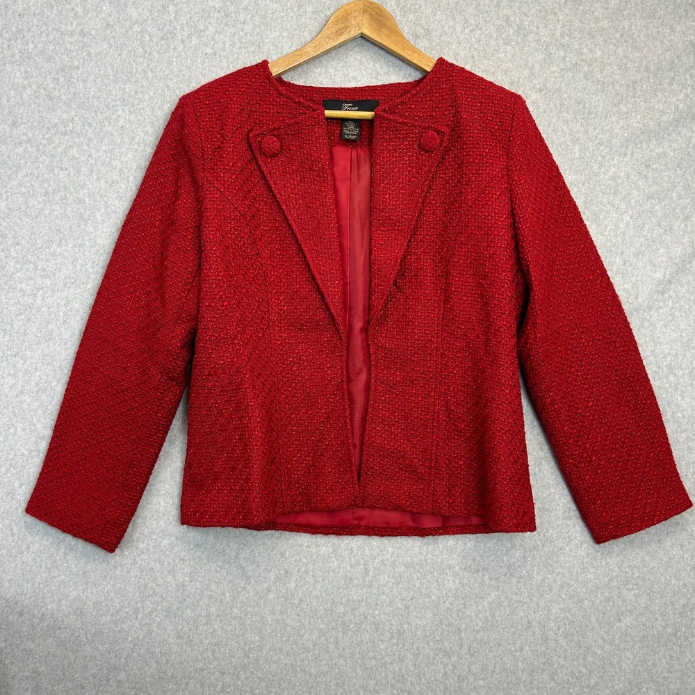Trenz By Theresa Renz Tweed Blazer Red Boucle Open Front Jacket Womens Size L